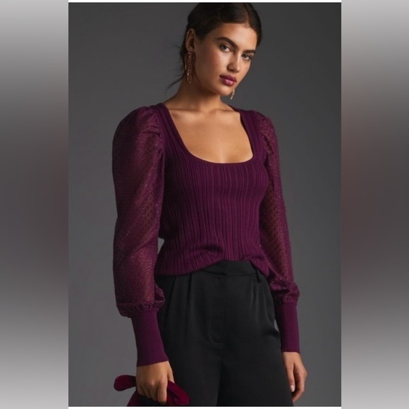 Anthropologie Puff-Sleeve Shimmer Sweater Medium Plum Purple - Picture 2 of 13